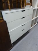 IKEA WHITE FINISH TWO-PART CHEST OF FOUR LONG DRAWERS, ON GREY METAL STRAIGHT LEGS, 3? 7 ½? WIDE, 3?