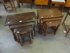 GOOD QUALITY OAK NEST OF THREE COFFEE TABLES ON OUTSWEPT LEGS AND ANOTHER NEST OF OAK COFFEE TABLES