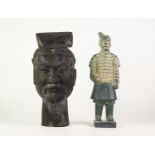 MODERN BLACK GLAZED POTTERY HEAD OF A CHINESE WARRIOR, unmarked, 15? (38.1cm) high, together with