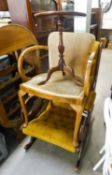 VICTORIAN STYLE MAHOGANY ROCKING CHAIR, covered in buttoned old golde plush, together with a