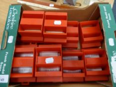 12 JANNERSTEN, SWEDISH RED PLASTIC BRIDGE BIDDING BOXES AND CONTENTS (12)