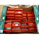 12 JANNERSTEN, SWEDISH RED PLASTIC BRIDGE BIDDING BOXES AND CONTENTS (12)