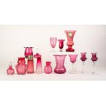 FOURTEEN PIECES OF VICTORIAN AND LATER CRANBERRY GLASS, including: FLORAL ENAMELLED VASE, 6 ¾? (17.