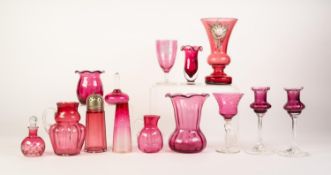 FOURTEEN PIECES OF VICTORIAN AND LATER CRANBERRY GLASS, including: FLORAL ENAMELLED VASE, 6 ¾? (17.