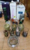 BUBBLE GLASS SUGAR SCUTTLE WITH REAR LOOP HANDLE, THREE PROBABLY CAITHNESS VASES, BOXED, AND 14