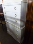 A PAIR OF WHITE FINISH CHESTS, EACH OF THREE LONG DRAWERS WITH METAL RING HANDLES, 2?8? WIDE, 2?1?