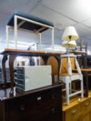 A WHITE CIRCULAR WOODEN MILKING STOOL, A DRESSING TABLE STOOL ON METAL LEGS, A BEATEN COPPER