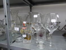 A STUDIO GLASS BALUSTER VASE, DRINKING GLASSES AND OTHER GLASS WARE