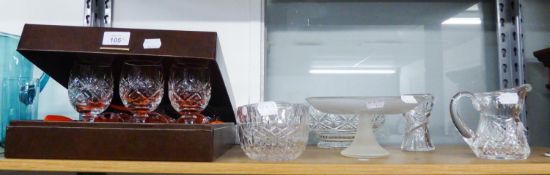 A BOXED SET OF SIX WEBB CUT GLASS WINE GOBLETS, 6 CUT GLASS FRUIT DISHES, WEBB CUT GLASS BOWL AND
