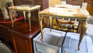 A NEST OF TWO GILT METAL AND MARBLE EFFECT COFFEE TABLES