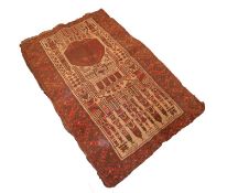 ANTIQUE KOUDANI BELUCH PRAYER RUG, with unusual pictorial many towered mosque design, in brown and