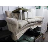 GOOD QUALITY MODERN THREE SEATER SETTEE WITH CONCAVE FRONT, feather cushions and deep buttoned back,