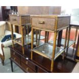 A PAIR OF BAMBOO BEDSIDE TABLES WITH WOVEN CANE PANELS, DRAWER AND UNDER PLATFORM AND INSET GLASS