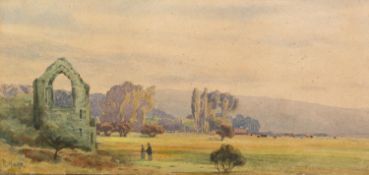 R. HUME WATERCOLOUR DRAWING Extensive landscape with ruined abbey and two figures Signed 6 ¾? x