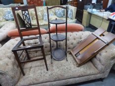 EDWARDIAN  MAHOGANY 3-TIER FOLDING CAKE STAND (A.F.), MAHOGANY INLAID BEDROOM CHAIR (NO SEAT) AND