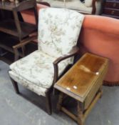 1950?S BEECH FRAMED SMALL EASY ARMCHAIR AND AN OAK RECTANGULAR FALL-LEAF COFFEE TABLE, WITH CANTED