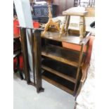 AN OAK TWO TIER MURAL PLATE RACK, 3?2? WIDE AND AN OAK FOUR TIER OPEN BOOKCASE WITH OPEN SIDES, 2?4?