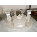 EARLY TWENTIETH CENTURY MOULDED GLASS DRESSING TABLE SET OF EIGHT PIECES VIZ OVAL TRAY, PAIR OF
