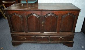 NINETEENTH CENTURY CARVED OAK MULE CHEST PATTERN CUPBOARD, the moulded oblong top above a pair of
