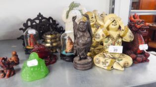 A BLACK CAST IRON LETTER RACK, A RESIN MODEL OF A TOAD, A RESIN MODEL OF A DRAGON, AND A SELECTION