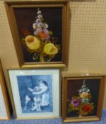PAIR OF OIL PAINTINGS ON BOARDVASES OF FLOWERS15? X 11? ANDA COLOUR PRINT?THE MADELEINE, PARIS?