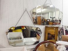 TWO FANCY BEVELLED EDGE FRAMELESS WALL MIRRORS AND A MAHOGANY FRAMED OVAL MIRROR (3)