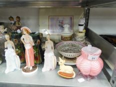 VICTORIAN PINK AND WHITE OPAQUE GLASS BOWL, LOBED AND SPIRAL FLUTED, THREE CHINA 1930's FEMALE