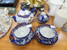 VICTORIAN CERAMIC TEA-FOR-TWO SET OF SEVEN PIECES, WITH BLUE PRINTED AND COLOURED ALL-OVER FLORAL