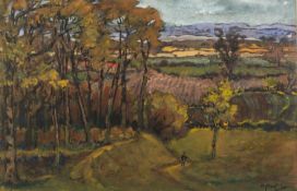 A. PROST GOUACHE DRAWING Extensive rural landscape with small figure and trees in foreground