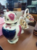 TWO SIMILAR MODERN WHITE POTTERY BASKETS CONTAINING WOOD SHAVING FLOWERS, and a ?VIENNA STYLE?