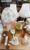 TWO DRESSING TABLE BRUSH SETS, A TURNED WOOD URN SHAPED TABLE LAMP AND SHADE AND A POTTERY TABLE