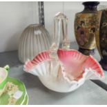 VICTORIAN OPAQUE WHITE GLASS WAVY BASKET PATTERN BOWL, WITH PINK INTERIOR AND CLEAR GLASS LOOP