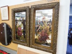 A PAIR OF VICTORIAN GILT AND VELVET FRAMED OBLONG WALL MIRRORS, WITH PAINTED FLORAL DESIGNS AND A
