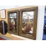 A PAIR OF VICTORIAN GILT AND VELVET FRAMED OBLONG WALL MIRRORS, WITH PAINTED FLORAL DESIGNS AND A