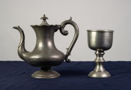 LARGE PEWTER GOBLET, together with a PEWTER PEDESTAL COFFEE POT, (2)