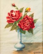 M. ALMOND WATERCOLOUR DRAWING Slender vase of red roses Signed 10 ¼? x 8 ¼? (26 x 21cm)