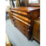 LARGE VICTORIAN FLAMED MAHOGANY CHEST HAVING FIVE LONG DRAWERS, THREE DRAWERS HAVING TURNED WOODEN