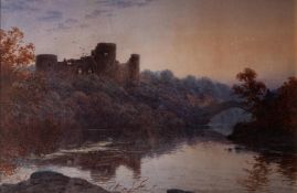 ARTHUR SHELLEY (1841-1902) WATERCOLOUR DRAWING Barnard Castle from the river at dusk Signed and