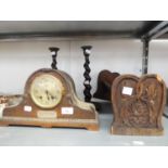 OAK NAPOLEONS HAT SHAPED MANTEL CLOCK, WITH SILVER PRESENTATION PLAQUE, DATED 1925, MOVEMENT