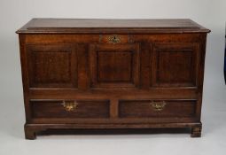 EIGHTEENTH CENTURY MAHOGANY CROSSBANDED OAK DOWER CHEST, the moulded top with raised panel to the