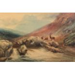 ALBERT MILTON DRINKWATER OIL PAINTING ON CARD?Glen Etive, Scotland?, stag and hind by a river with