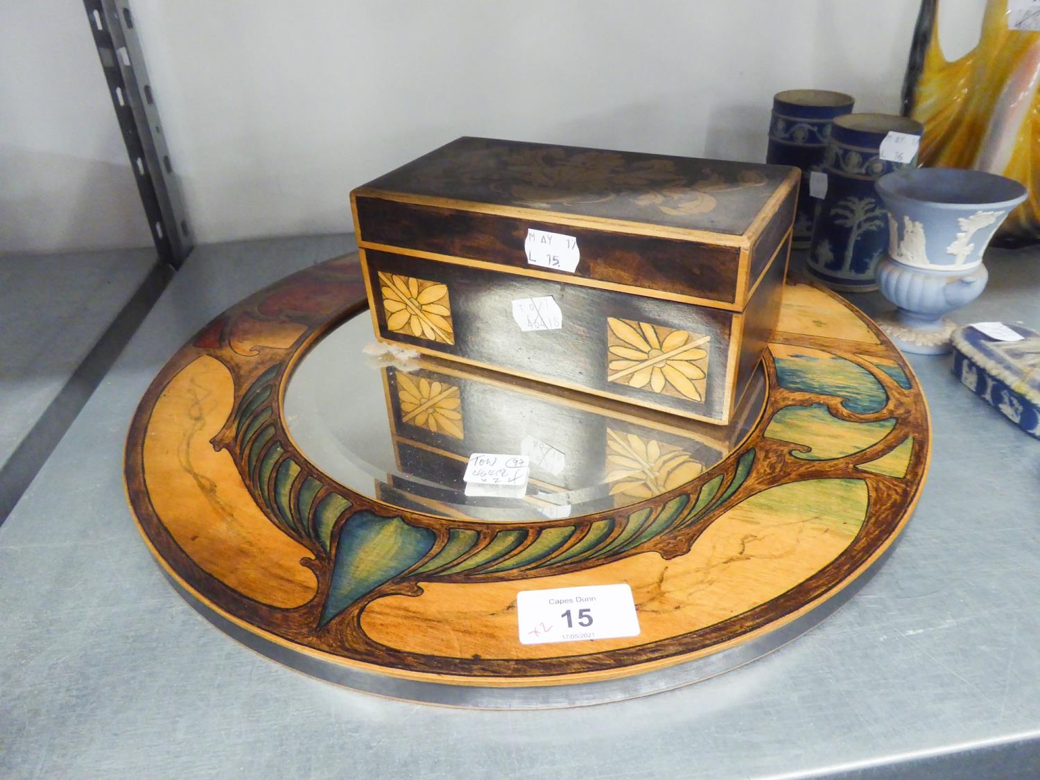 STAINED WOOD AND PENWORK DECORATED EARLY TWENTIETH CENTURY TEA CADDY WITH CLASSICAL VASE MOTIF TO