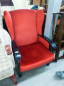 PARKER KNOLL WINGED FIRESIDE ARMCHAIR, IN WINE RED VELVET