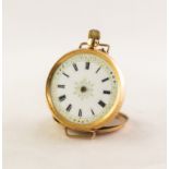 LADY'S 18k GOLD POCKET WATCH with keyless movement, white porcelain roman dial with gilt decorated