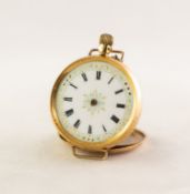 LADY'S 18k GOLD POCKET WATCH with keyless movement, white porcelain roman dial with gilt decorated