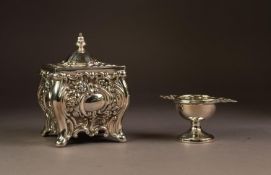 ROCOCO STYLE ELECTROPLATED TRINKET BOX, of square form with hinged cover and scroll feet, embossed