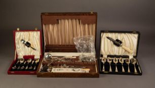 OAK CUTLERY BOX WITH MISCELLANEOUS ELECTROPLATE CUTLERY, including grape scissors, six nut picks