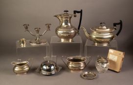 FOUR PIECE EP TEASET, of rounded oblong form with bobbin an reel order, black angular scroll handles