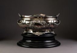 EPBM OVAL JARDINIERE, semi-lobed and repousse with rococo scrolls, 12in (30.4cm) wide and the