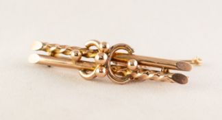 9ct GOLD TWO STRAND BAR BROOCH, with double 'C' scroll centre having beaded decoration, safety